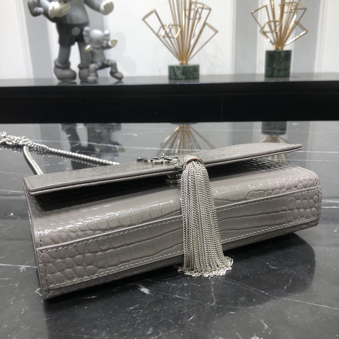 Saint Laurent Kate Tassel Small Crocodile Embossed Calfskin Shoulder Bag Handbag Grey 474366 Silver